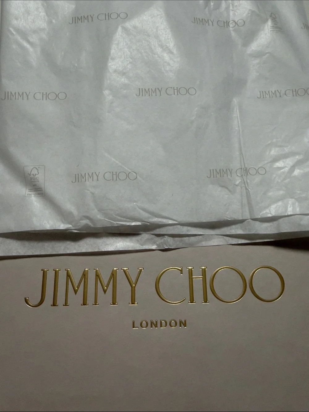 Jimmy Choo strong gift Bag- Taupe with Gold Logo and tissue paper